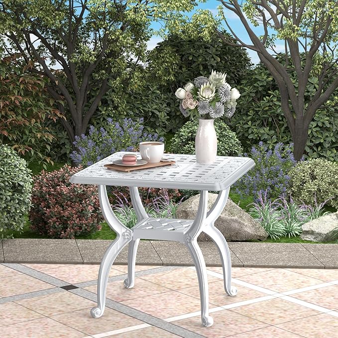 Cast Aluminum Outdoor Side Table, All Weather Square Bistro Table, Outdoor Coffee Table, Small End Table for Patio, Indoor, Lawn, Garden, White