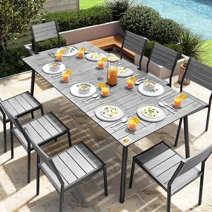 83" Patio Outdoor Dining Table for 6-8, Weather-Resistant Aluminum Frame with Wood-Grain Top & Umbrella Hole for Deck Gatherings, Grey
