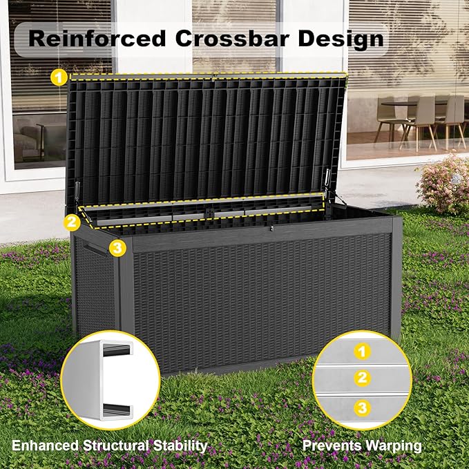 320 Gallon Waterproof Outdoor Storage Box, UV Resistant Resin Deck Box with Hydraulic Rod for Reinforced Stability, Perfect for Patio, Garden, and Pool（Black，320 Gallon）