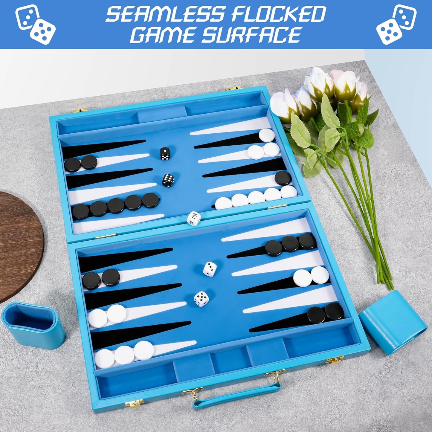 Froggod Travel Backgammon Sets for Adults – 15 Inch Premium Backgammon Set – PU Leather Case with Seamless Flocked Game Surface – Classic Board Games for 2 Player and Gift for Men(Light Blue)