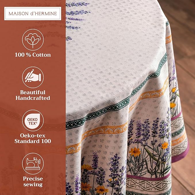 Maison d' Hermine Table Cloth Round Table 100% Cotton 63 Inches Tablecloth Reusable Decorative Everyday Use for Dining Room, Farmhouse, Home, Party, Festive & Wedding Spring Summer - Fanny Lavender