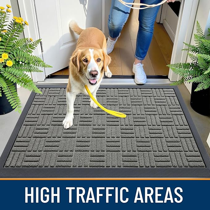 OLANLY Front Door Mat Outside Entrance 47x17, Absorbent, Heavy Duty Sturdy Natural Rubber Doormat Indoor Outdoor, Non-Slip, Stain and Fade Resistant, Low Profile Floor Mat for Entryway, Modern Gray