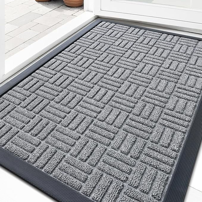 OLANLY Front Door Mat Outside Entrance 29.5x17, Absorbent, Heavy Duty Natural Rubber Doormat Indoor Outdoor, Non-Slip, Stain and Fade Resistant, Low Profile Floor Mat for Entryway, Charcoal Gray