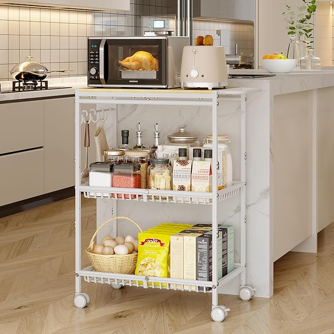 Microwave Kitchen Cart with 2 Lockable Wheels, White Kitchen Storage Cart with Push Handle, 3 Tier Rolling Cart with 160Lbs Capacity for Kitchen Island, Restaurant, Coffee Bar, Living Room, Office