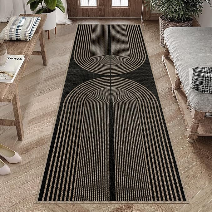 Easy Jute Rainbow Runner Rug, 2.6x8 Black Washable Rugs Runner for Hallway Non-Slip Boho Farmhouse Kitchen Runner Rug, Modern Abstract Indoor Outdoor Carpet for Porch Laundry Entryway