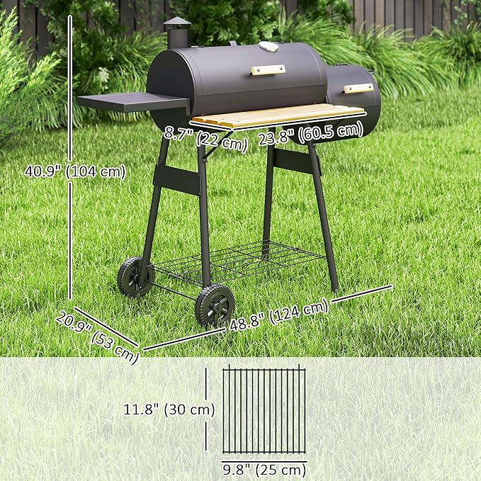 Outsunny 48" Portable Barrel Charcoal BBQ Grill, Steel Outdoor Barbecue Smoker with 232 Square Inches Cooking Space, Storage Shelf, Wheels for Garden Camping Picnic, Black