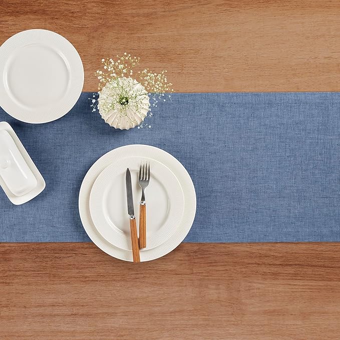 Solino Home Linen Table Runner 144 Inches Long - Athena, 100% Pure Linen Blue Denim Dining Table Runner 14 x 144 Inch for Spring, Easter