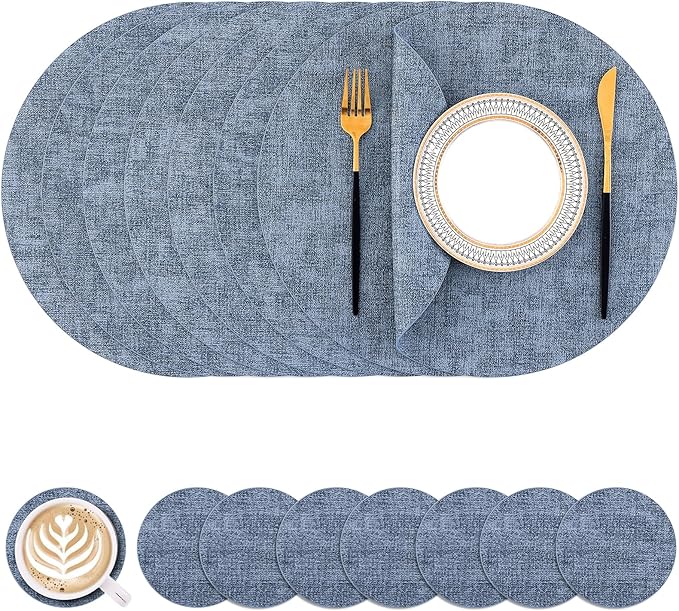 Homaxy Round Faux Leather Placemats and Coasters, Washable Dual-Side Table Mats, Wipeable Heat-Resistant Dining Place Mats for Outdoor and Indoor, Set of 8, Diameter 13 and 3.93 inch, Blue