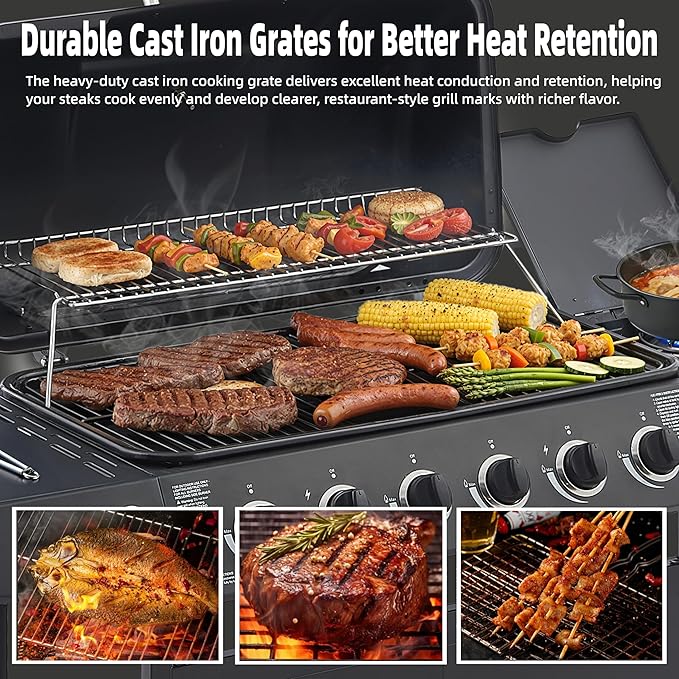Propane Gas BBQ Grill with 6-Burner and Side Burner 59000 BTU Stainless Steel Barbecue Grill with Porcelain-Enameled Cast Iron Grates,Side Shelves and Wheels Portable Outdoor Grill for Pation,Backyard