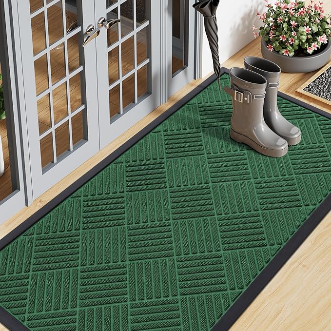 Smiry Front Door Mat Outside Entrance, Heavy Duty Outdoor Indoor Natural Rubber Doormat, Non Slip, Trap Dirt and Moisture, Easy Clean, Low Profile Patio Porch Entryway Mat, 59x23, Green