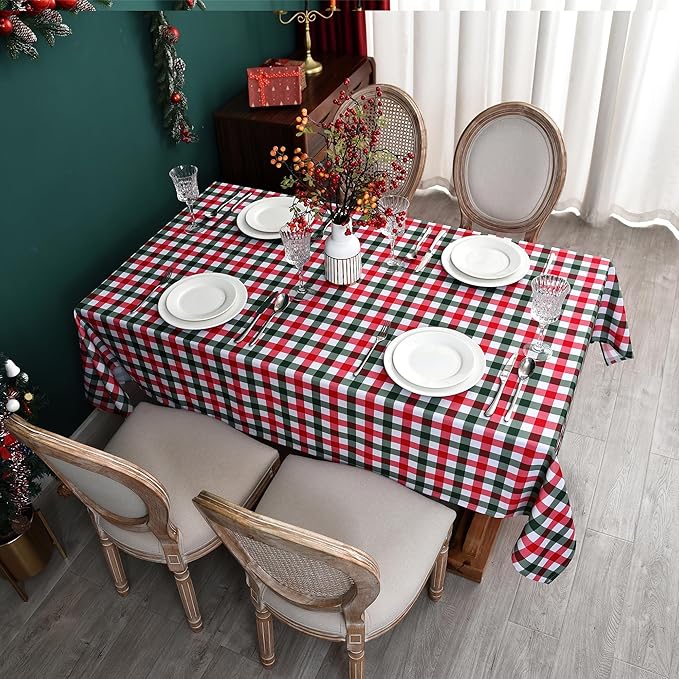 Classic Gingham Buffalo Xmas Tablecloth Fabric - Oblong 58x144 Inch Water Proof Checkered Table Cloth for Indoor Outdoor - Red Christmas Plaid Table Cover for Christmas, Holiday, New Year