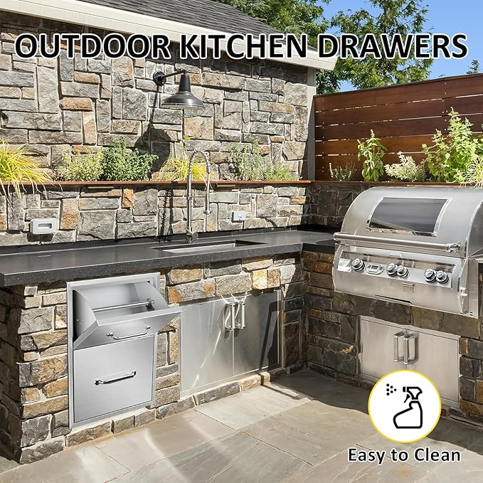 Outdoor Kitchen Drawers with Paper Towel Holder 16" W x 20" H x 20" D Flush Mount BBQ Drawers with Chrome Handle,Stainless Steel Built-in Double Access Drawers for Outdoor Kitchen Island