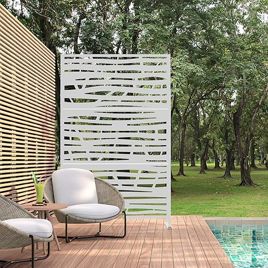 Casaphoria 72" H x 47" W Metal Outdoor Privacy Screen, Freestanding Decorative Divider for Patio, Deck, Balcony, and Garden with Stable Base, White Jungle