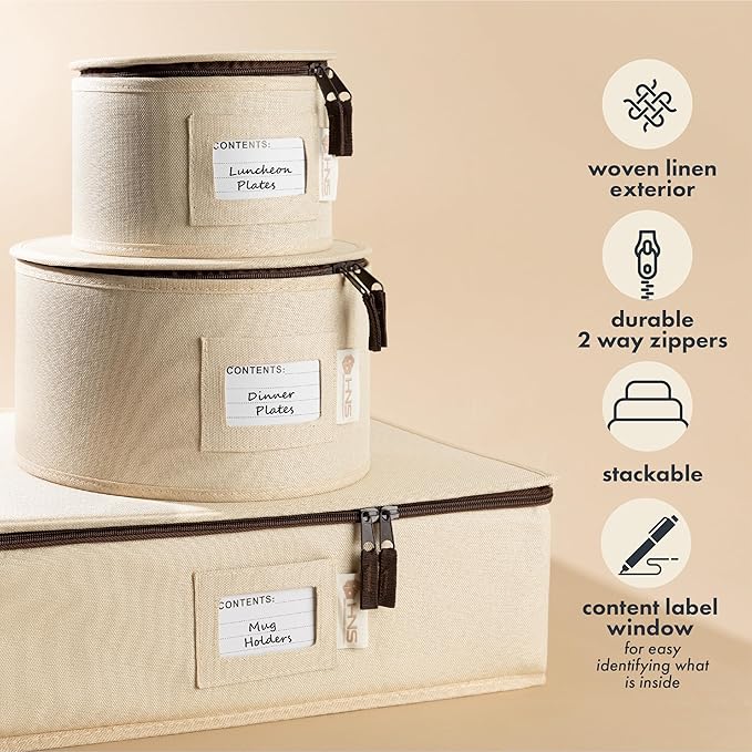 China Storage Hard Shell Containers 5-Piece Set Moving Boxes for Dinnerware, Glasses, Plates, Mugs and Saucers Sturdy Dish Organizer with Dividers for Seasonal Storage - Service for 12 - Beige