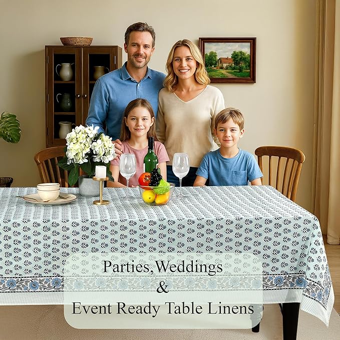 CPC Tablecloth 100% Cotton 60x60 Inch Indian Block Print Rectangle Table Cover, Washable Table Cloth for Weddings, Spring/Summer, Barbeque - Poppy Blue