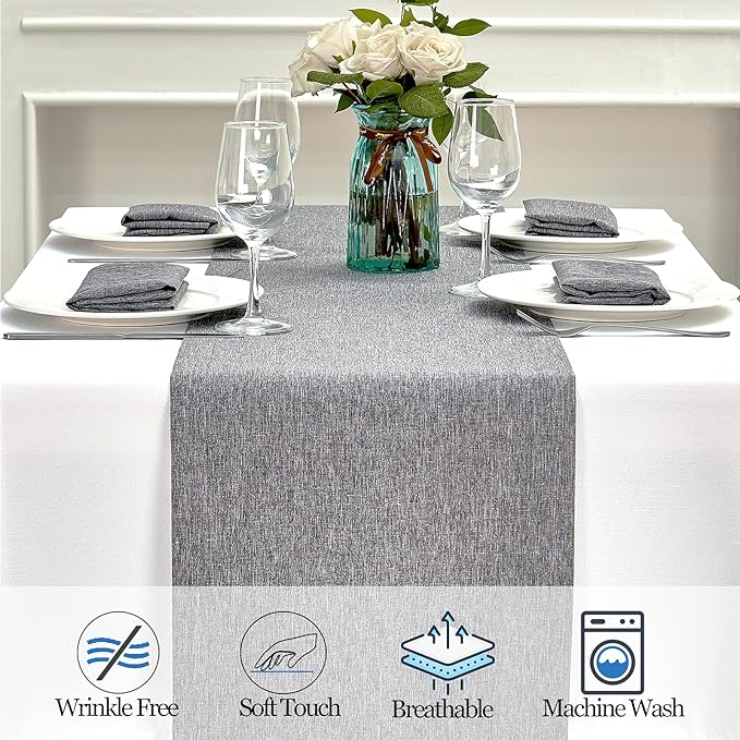 Mebakuk Linen Farmhouse Table Runner Large Burlap Style Soft and Waterproof Decorative Fabric Runner for Outdoor Wedding and Dinner (14 x 120 Inch, Dark Grey)
