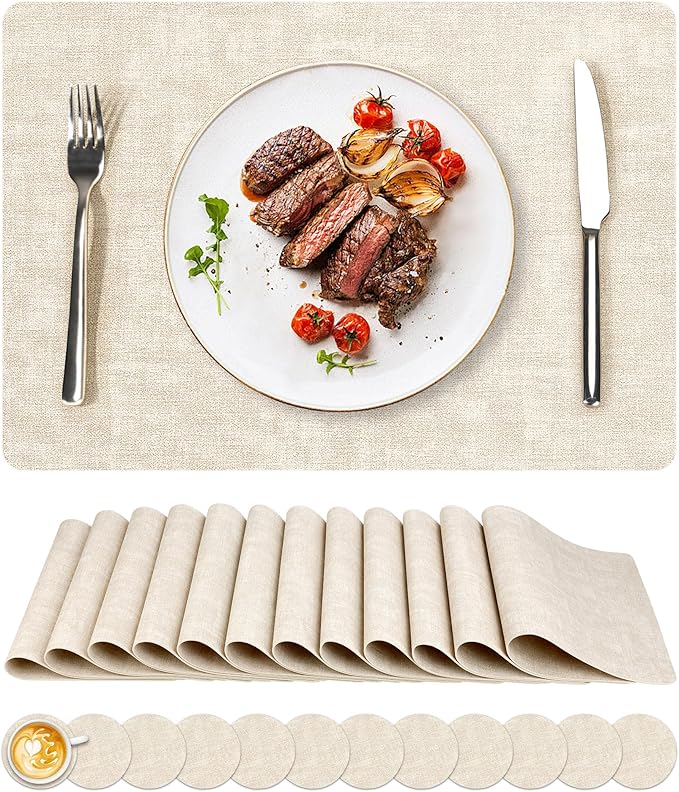 Vinyl Placemats Set of 12, Faux Leather Waterproof and Heat Resistant Place Mats, Washable Anti-Slip Table Mats with Coaster, Wipeable Placemats for Indoor & Outdoor 17" x 12" (Beige, Set of 12)