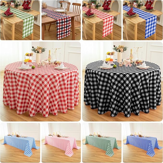 Waterproof Plaid Tablecloth Fabric - Round 120 Inch Classic Gingham Checker Table Cloth for Indoor/Outdoor Use - Buffalo Table Cover for Picnics, BBQs, and Parties