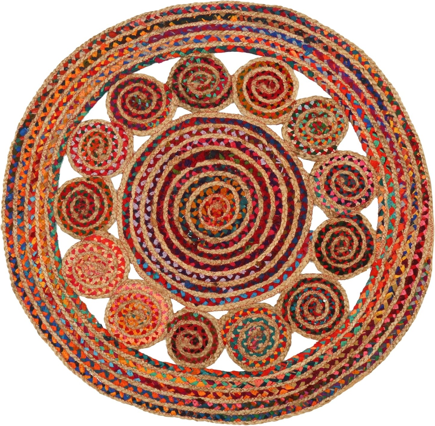 4' Round Handwoven Jute Chindi Area Rug - Colorful Boho Rugs for Living Room - Hand Braided Multicolor Bohemian Rug for Farmhouse, Bedroom, Dining Room, Classroom, Hallway, Kitchen, Office