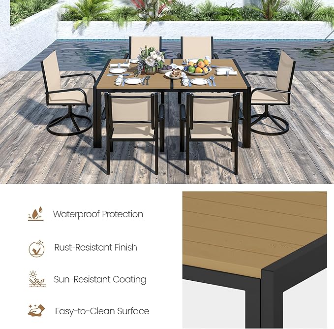 Outdoor Dining Set for 6, 59” Patio Table and Chairs Set with 2 Swivel Chairs, 4 Regular Textilene Chair and 1 Large Table, Modern Patio Furniture Set for Backyard Porch Poolside (Beige)