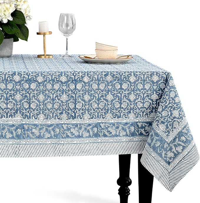 CPC Azure Regal Tablecloth 100% Cotton 72x160 Inch Indian Block Print Rectangle Table Cover, Table Cloth for Gifting in Weddings, Halloween, Fall, Christmas, Thanksgiving