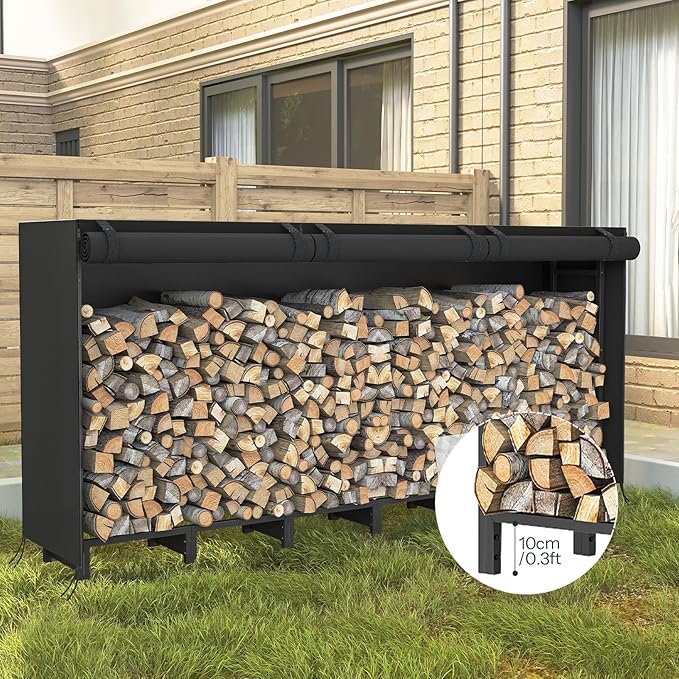 HOOBRO 8FT Firewood Rack with Cover, Outdoor Firewood Log Rack, Adjustable Log Holder with Waterproof Cover, Fireplace Wood Storage, Heavy Duty Wood Holder, for Indoor and Outdoor, Black BB02CH02