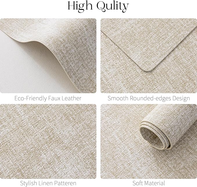 MOSAYT Faux Leather Placemats Set of 12, Heat Resistant Vinyl Place Mats with Coasters, Wipeable Washable 100% Waterproof Oil Proof Table Mat for Kitchen Dining Party Indoor Outdoor, 12" x 17", Beige