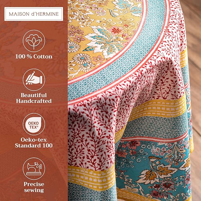 Maison d' Hermine Table Cloth Round Table 100% Cotton 63 Inches Tablecloth Reusable Decorative Everyday Use for Dining Room, Farmhouse, Home, Party, Festive & Wedding Spring Summer - Marquise