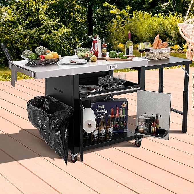 Grill Table,Outdoor Kitchen with Cabinet Outdoor Grill Table with 2 Foldable Side Tables Stainless Steel Top for Outdoor Kitchen Cabinets, Bar Cart, Movable Grill Cart with Pull-Out Plate, L74”x W24”