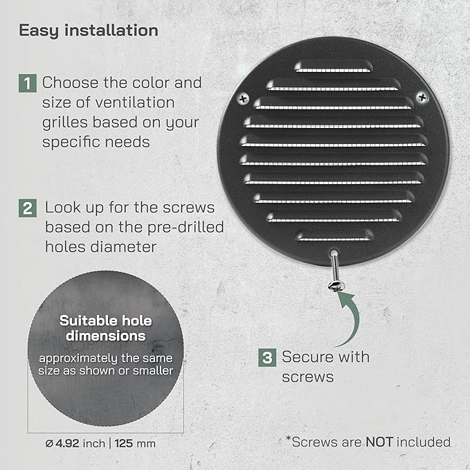 Vent Systems 5 Inch (Inner) Black Metal Soffit Vent Cover - Durable Round Air Vent Grille with Mesh Screen - Weather Resistant Ventilation Grill - Wall & Ceiling, Indoor & Outdoor Crawlspace Vent