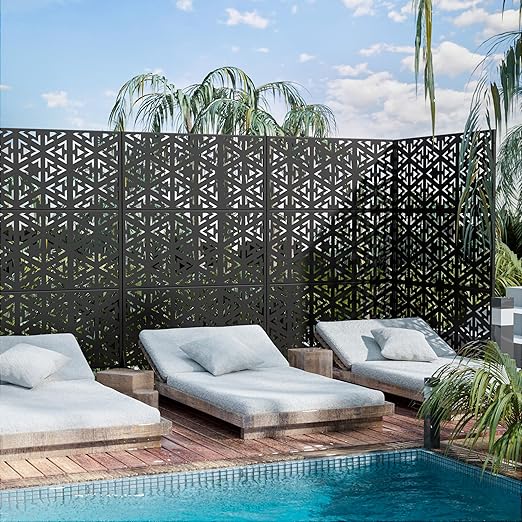 Casaphoria Metal Privacy Screen Outdoor, 72" H x 47" W Freestanding Decorative Privacy Screen for Patio Deck Balcony Garden with Stable Base, Black-Gavin