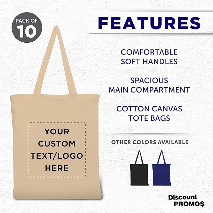 DISCOUNT PROMOS Custom Cotton Canvas Tote Bags Set of 10, Personalized Bulk Pack - Reusable, Great for Shopping, Grocery, Beach, Picnic, Wedding Favors - Natural