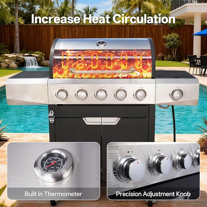 Endark Upgraded 58,500 BTU 5-Burner Stainless Steel Propane Gas Grill – Outdoor BBQ Grill with Side Burner & Porcelain Grates, Barbecue Grill Wheeled for Patio, Garden, Backyard