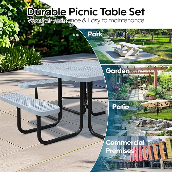 46'' Square Metal Picnic Table for Outdoors, Commercial Steel Metal Picnic Tables, Heavy Duty Sturdy Picnic Tables Furniture Set for Patio Garden Courtyard BBQ, with Umbrella Hole, Grey