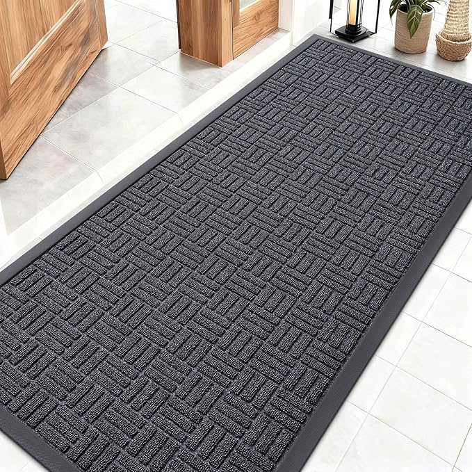 OLANLY Front Door Mat Outside Entrance 59x23, Absorbent, Heavy Duty Sturdy Natural Rubber Doormat Indoor Outdoor, Non-Slip, Stain and Fade Resistant, Low Profile Floor Mat for Entryway, Black Gray