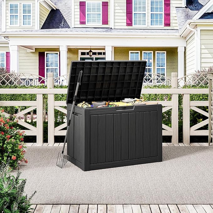 NUNU LAB Outdoor Storage Box, 45 Gallon Outside Deck Box Waterproof, Resin Outdoor Storage Cabinet With Lockable Lid, Backyard Storage Bench For Garden Tools, Patio Cushions, Pool Tools, Black