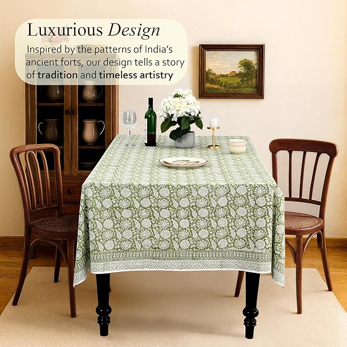 CPC Olive Bloom Tablecloth 100% Cotton 70x108 Inch Indian Block Print Rectangle Table Cover, Table Cloth for Gifting in Weddings, Halloween, Fall, Christmas, Thanksgiving