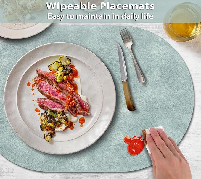 ADRIMER Placemats, Heat Resistant Oval Placemats Set of 6 Washable 12 x 17 Inch, Waterproof Table Mats, Wipeable Pu Place Mats for Kitchen, Dining Room, Light Blue