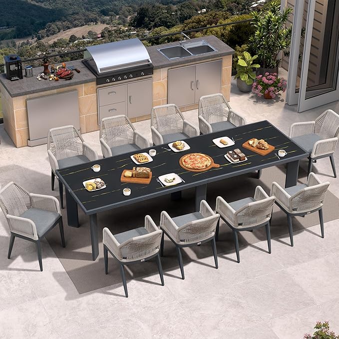 PURPLE LEAF 11 Pieces Patio Dining Set Aluminum Modern Rectangular Table and Rattan Arm Chairs with Cushions for Kitchen Porch Garden Outdoor Furniture Sets, Dark Grey