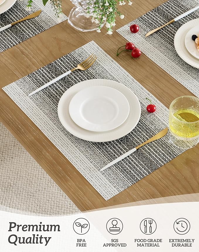 Leetaltree Black with White Woven Placemats Set of 8 - Heat Resistant Non-Slip Place mats for Dining Table, Washable Durable PVC Vinyl Woven Table Mats(Black with White, 8)