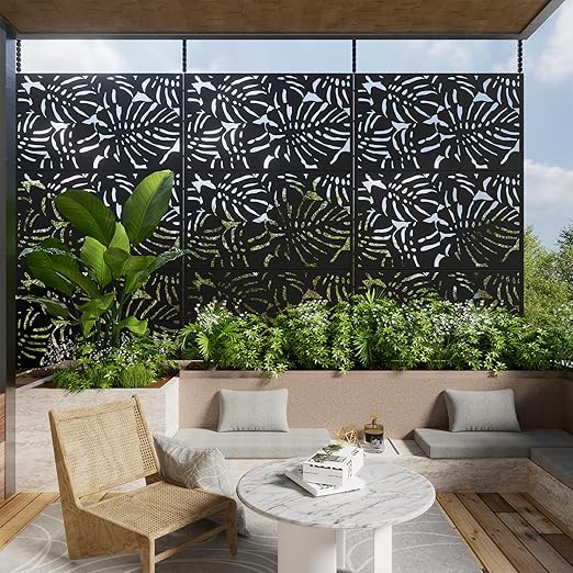 Casaphoria 72" H x 47" W Metal Outdoor Privacy Screen, Freestanding Decorative Divider for Patio, Deck, Balcony, and Garden with Stable Base, Black-Summer