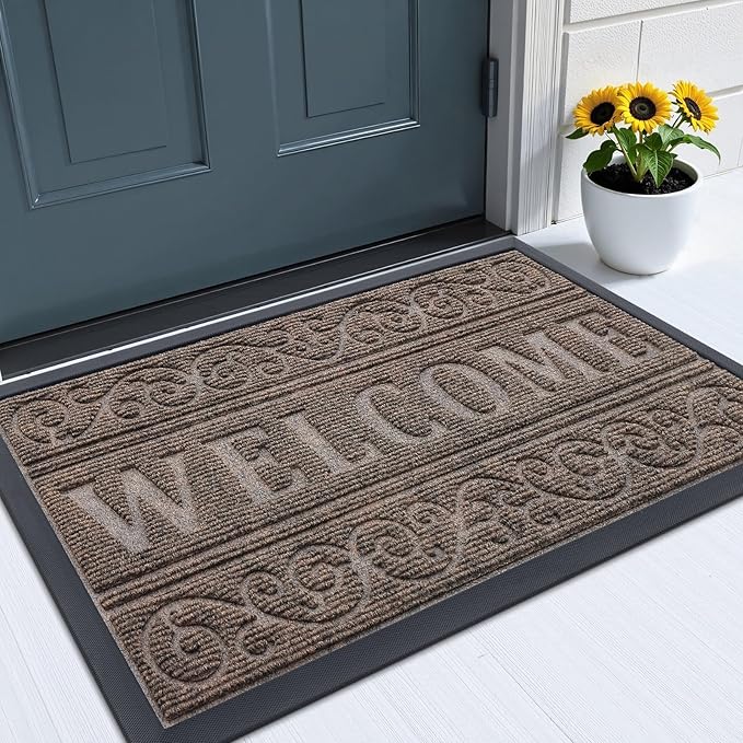 OLANLY Welcome Door Mat Indoor Outdoor Entrance, Heavy Duty Sturdy Front Door Mat, Waterproof All-Weather Doormat, Stain Resistant, Low Profile, Easy Clean Patio Entryway Mat, 29.5 x 17, Medium Brown