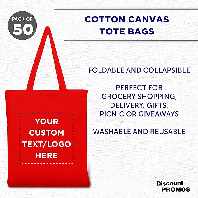 DISCOUNT PROMOS Custom Cotton Canvas Tote Bags Set of 50, Personalized Bulk Pack - Reusable, Great for Shopping, Grocery, Beach, Picnic, Wedding Favors - Red