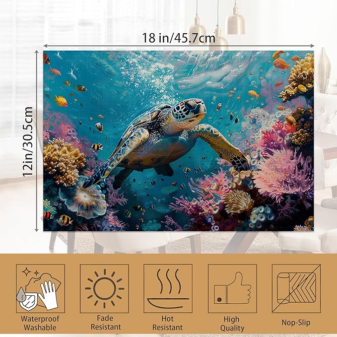 Sea Turtle Placemats Set of 6,Fish Coral Colorful Waterproof Non-Slip Washable Table Mats for Kitchen Dining Holiday Party Wedding Decor 12x18 Inch