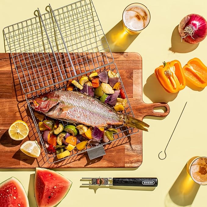 SHIZZO Grill Basket Set, Barbecue BBQ Grilling, Stainless Steel Folding Portable Outdoor Camping Rack for Fish, Shrimp, Vegetables, Cooking Accessories, Gifts for Dad, husband, Friends