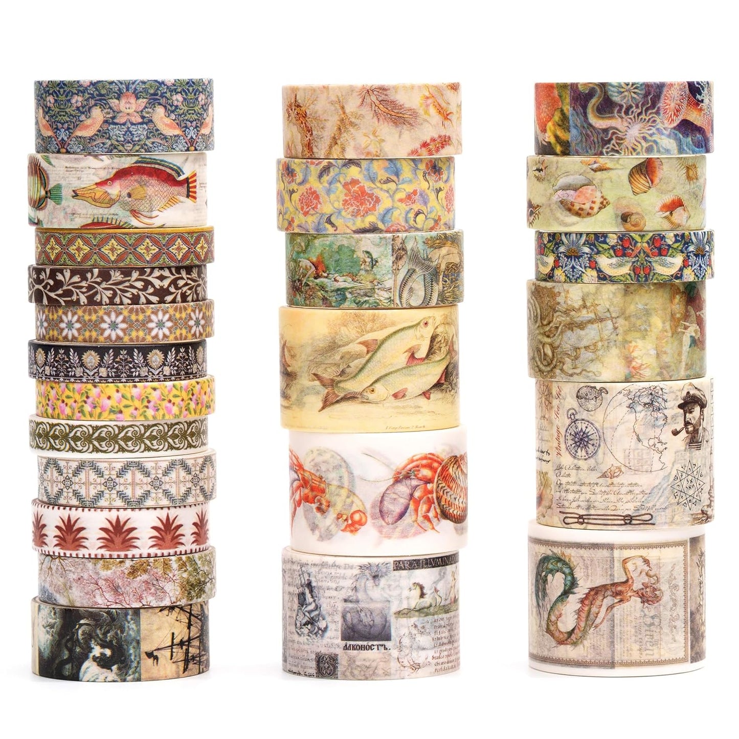 Vintage Washi Tape Set - 24 Rolls Arts Adhesive Tapes Assorted Retro Decorative Masking Tape Sets for Craft, Kids, Scrapbook, DIY, Gift Wrapping (3-Ocean Odyssey)