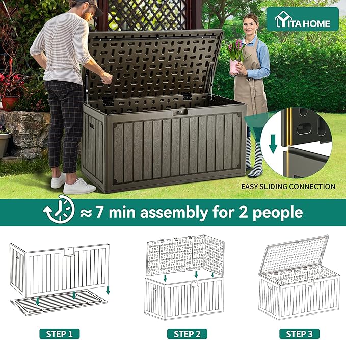 YITAHOME 90 Gallon Double-Wall Deck Box with Side Handles, Outdoor Large Storage for Patio Furniture Cushions, Garden Pool Accessories, Water Resistant & Lockable
