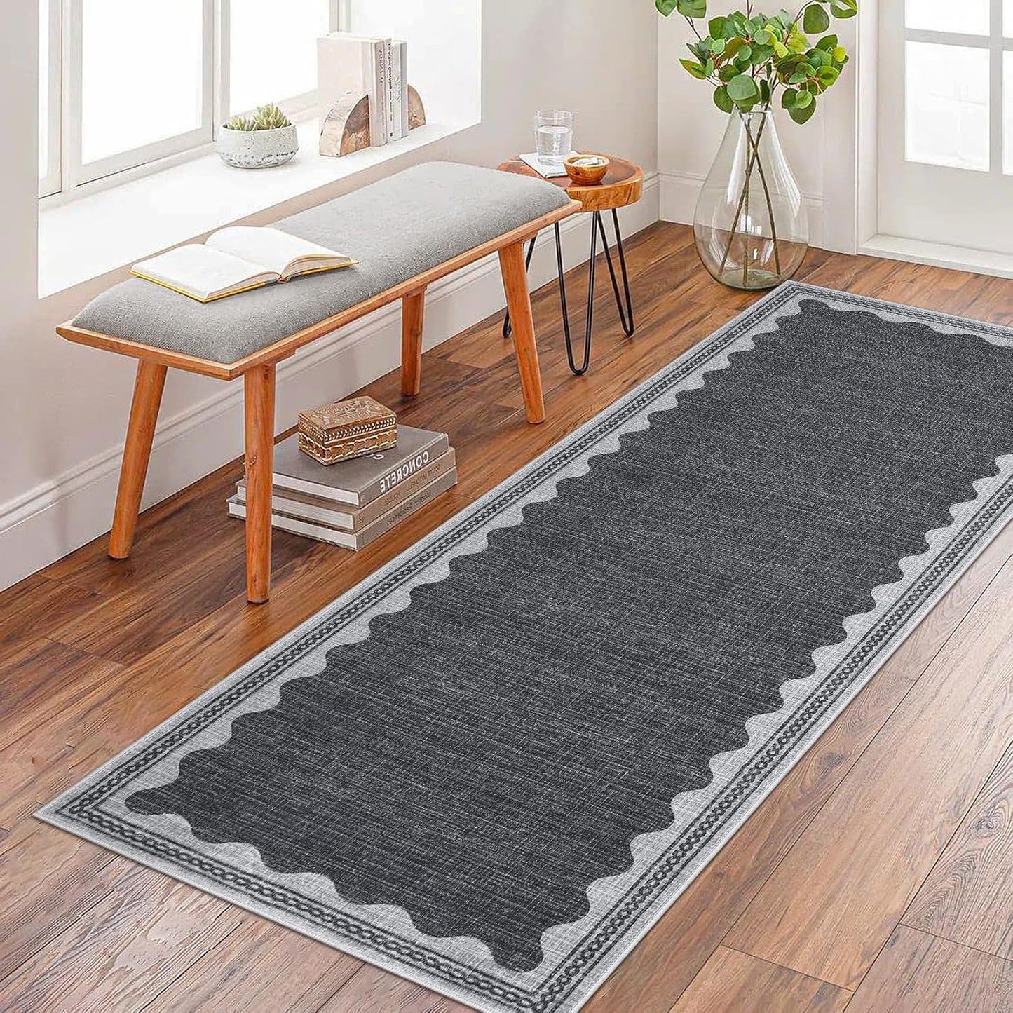 Scalloped Rug 2x6 Runners for Hallways, Solid Grey Runner Rugs Non Slip Scalloped Bath Runner, Washable Rug for Bedroom Girls, Mat for Kitchen Floor Soft Dorm Nursery Carpet for Bedside