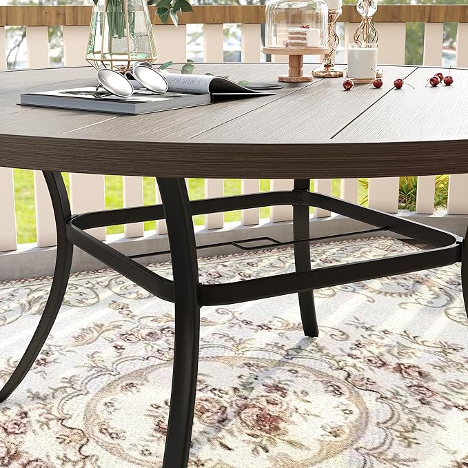 VICLLAX 60" Outdoor Round Patio Table for Lawn Garden, All Weather Metal Round Patio Dining Table with Adjustable Umbrella Hole, Outdoor Table for 8-10 Person, Grey Wood-Like Tabletop