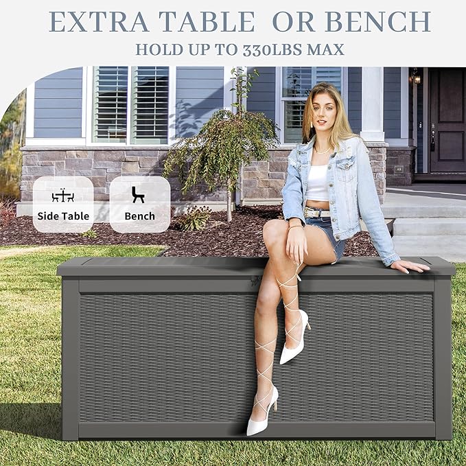 260 Gallon Large Resin deck box Waterproof,Outdoor Storage Bench,Patio Storage Box,Garden Tool Storage,Resin Large Sturdy Deck boxes with Double Wall Panels,Rattan Gray